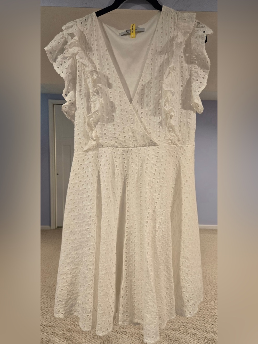 White Eyelet Ruffle V-Neck Midi Dress